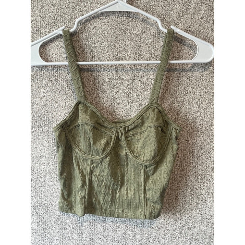 Rabbit Rose Olive Green Textured Knit Bustier Crop Top Sleeveless Small